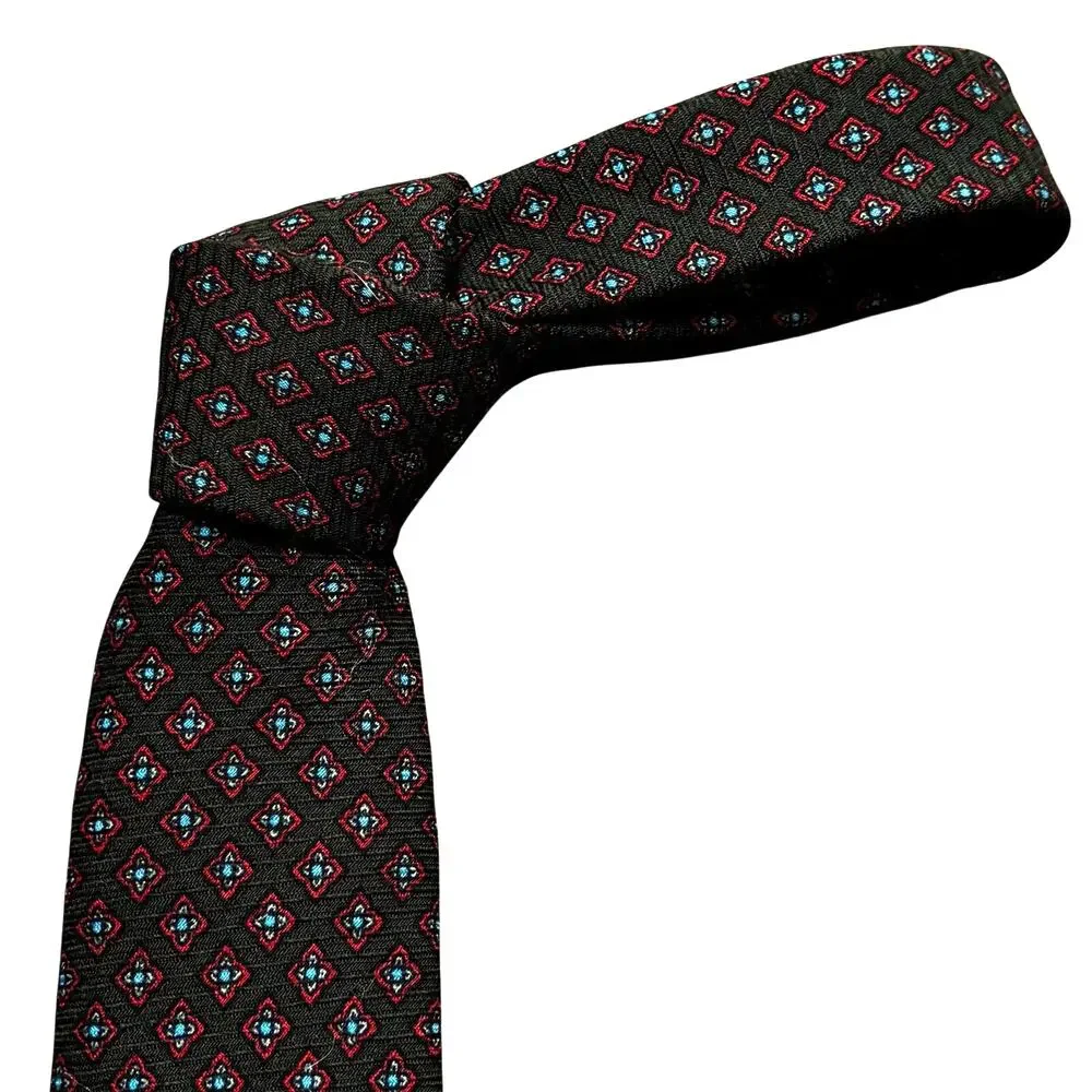 Liberty of London wool blend neck tie dark brown red & blue geometric classic